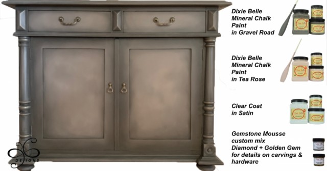 Produkter brukt er Dixie Belle Mineral Chalk Paint i Gravel Road og Tea Rose
